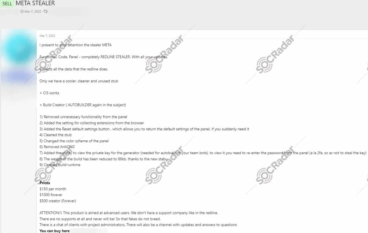META stealer malware sold in 2022 on a hacker forum