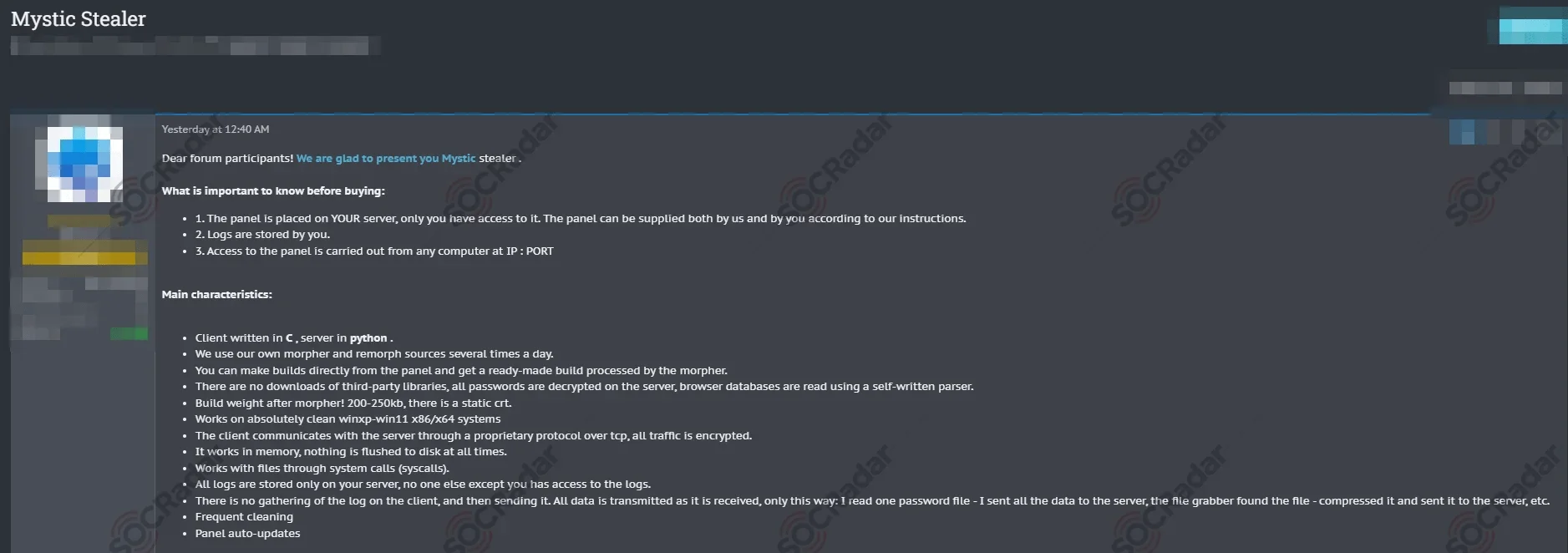 Mystic Stealer was put on a sale in different forums by the same threat actor (SOCRadar Dark Web News)
