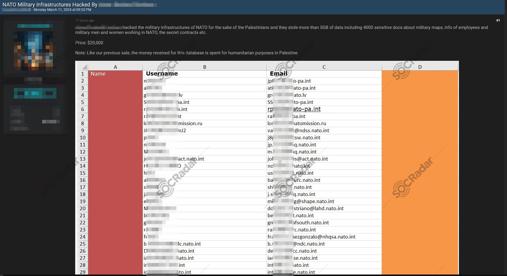 An alleged data sale for NATO Military Infrastructures detected in a hacker forum monitored by SOCRadar