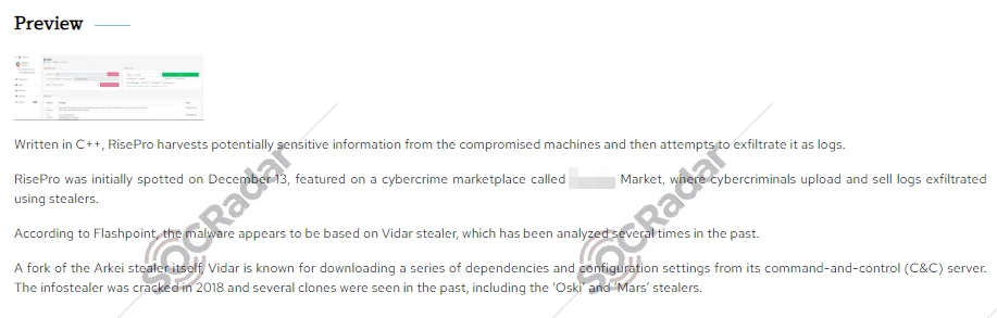 A RisePro stealer malware advertisement post (SOCRadar Dark Web News)