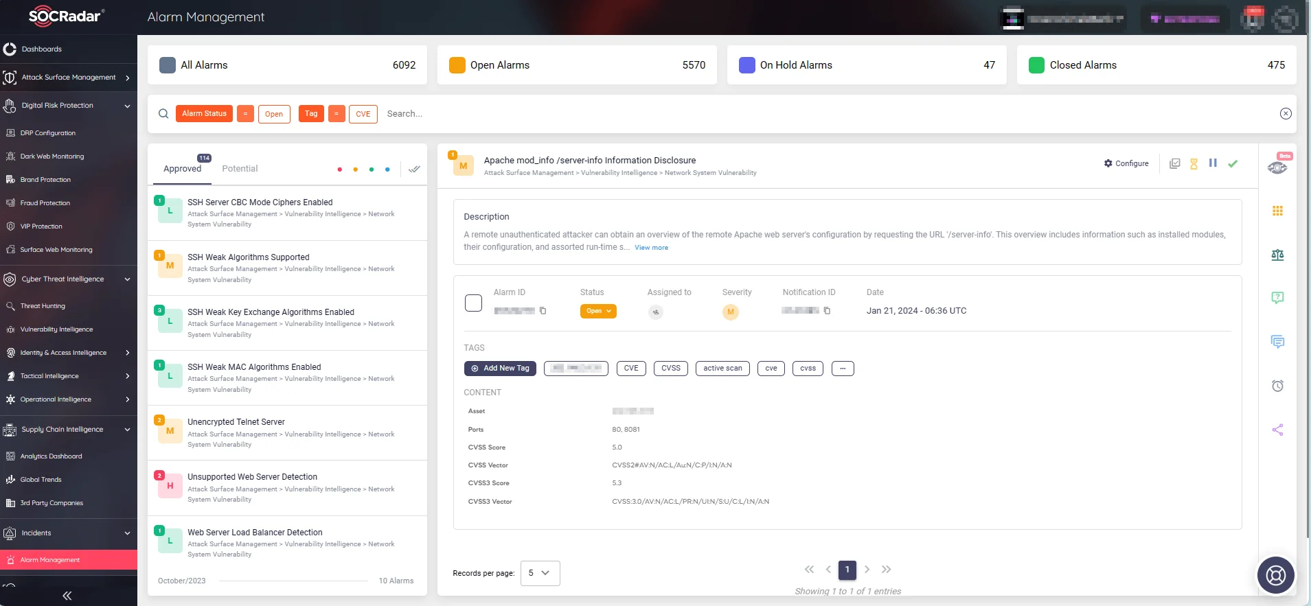 SOCRadar’s Alarm Management page