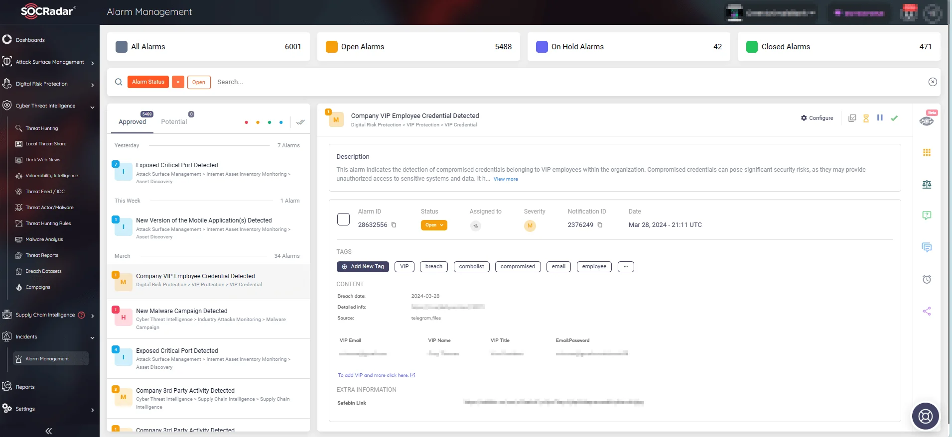 View all alerts by SOCRadar through the Alarm Management tab
