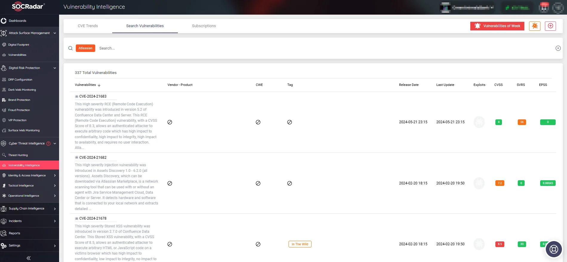 Atlassian security vulnerabilities shown on SOCRadar Vulnerability Intelligence search tab