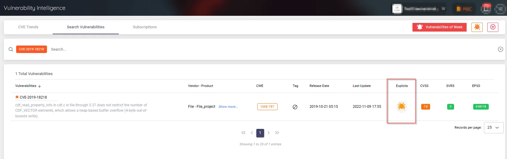 Searching for the vulnerability on SOCRadar’s Vulnerability Intelligence service