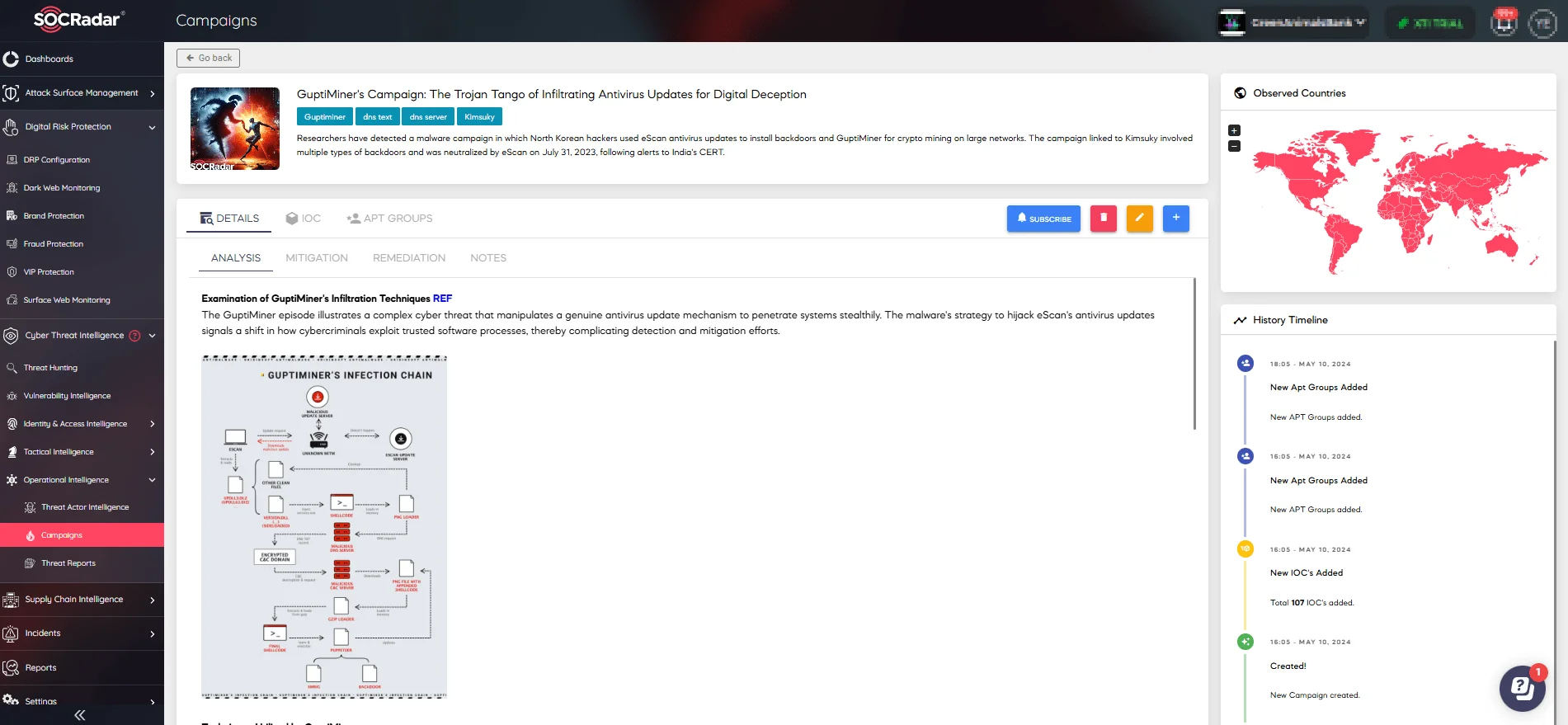 Visit Guptiminer’s Campaign page on the SOCRadar platform (SOCRadar Campaigns)