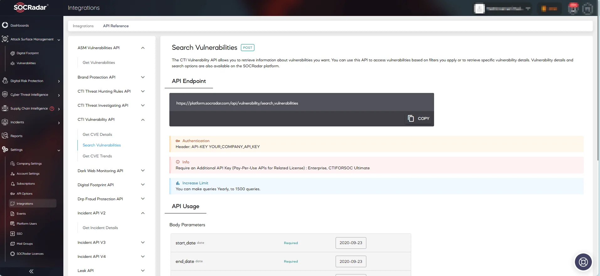 SOCRadar Integrations page – API references