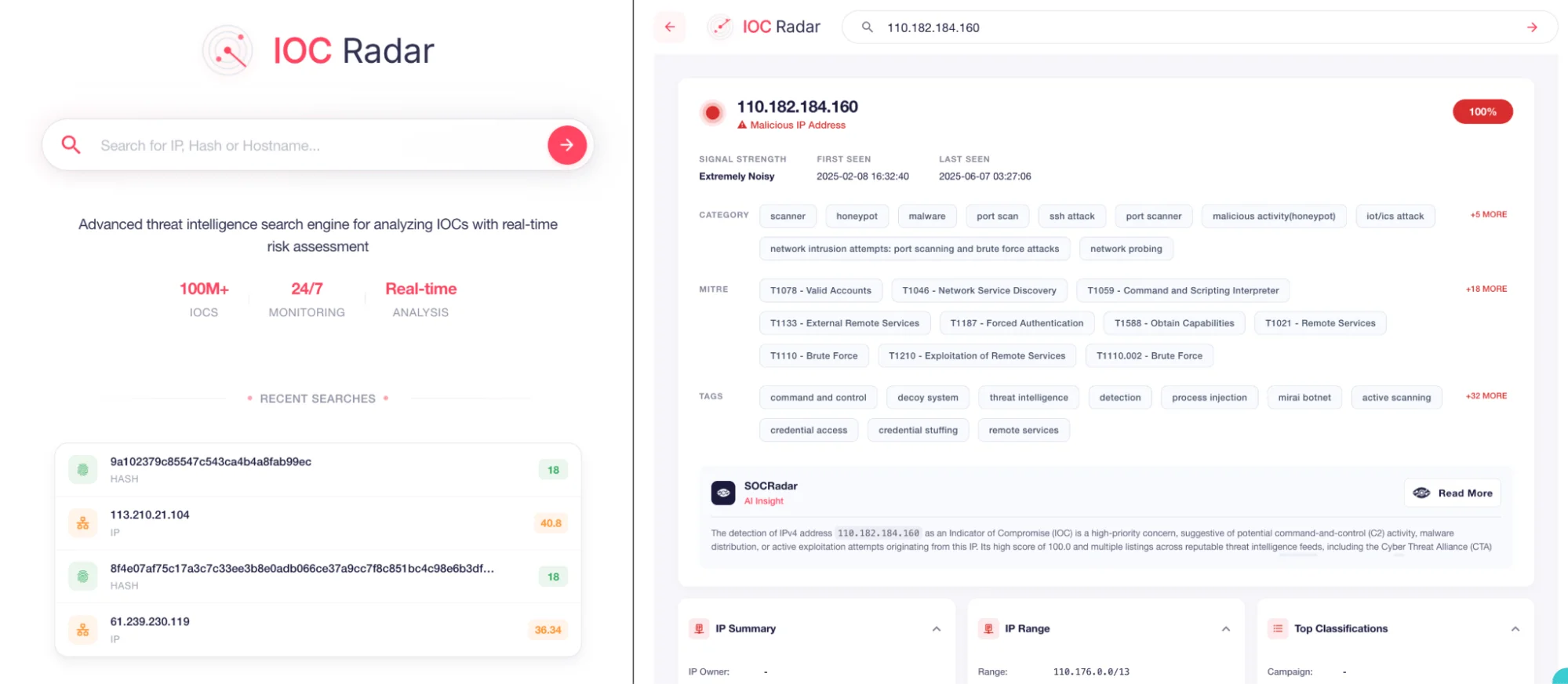 SOCRadar Labs’ IOC Radar search page & example results