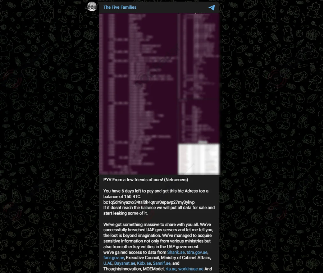 The Five Families’ Telegram post about the UAE breach (SOCRadar Dark Web News)