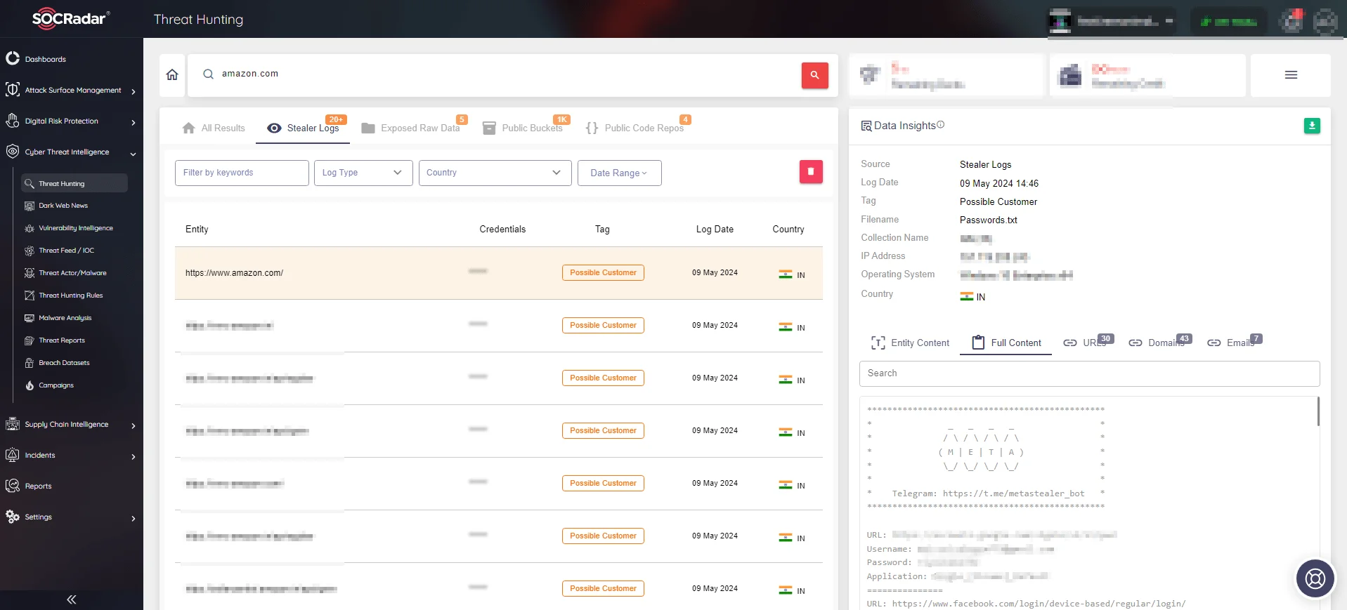Search on stealer logs for Amazon (SOCRadar Threat Hunting)
