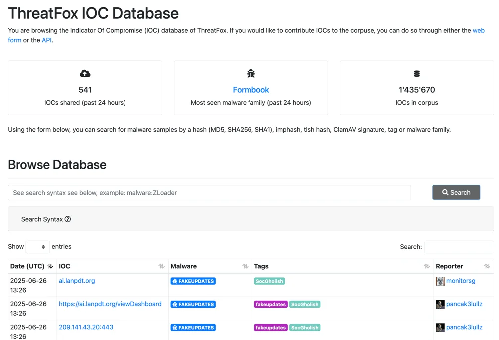 Search malware samples by hashes, signature, and tags with ThreatFox