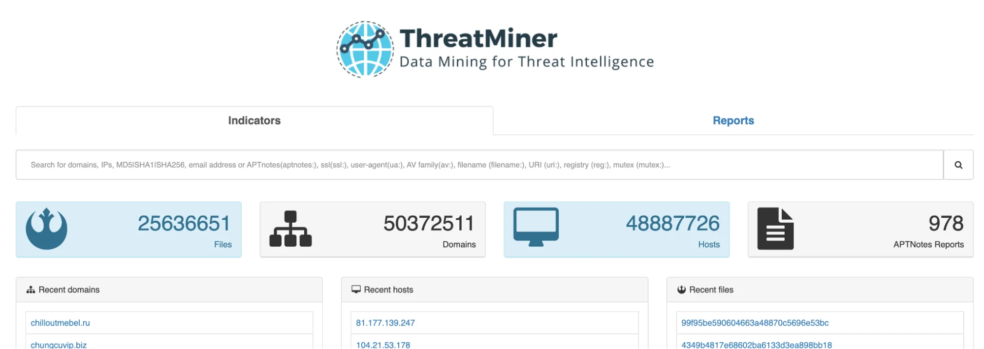 The main page of the ThreatMiner platform