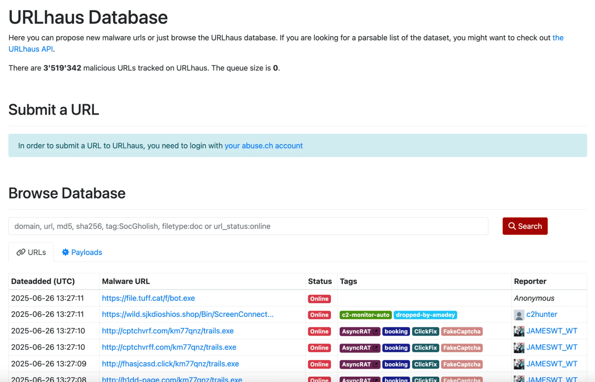 You can browse URLhaus database through the website or use the API for dataset lists