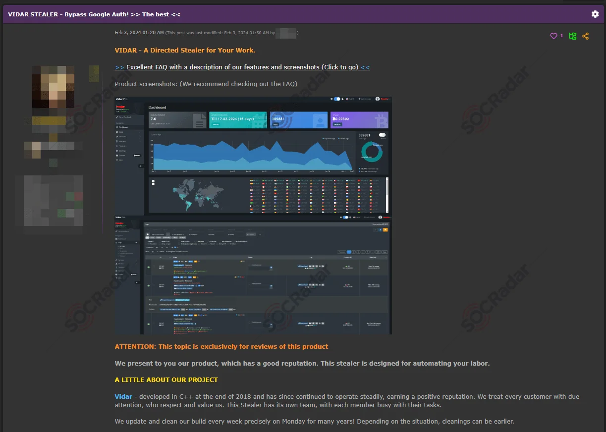 Vidar Stealer advertisement on a Dark Web forum (SOCRadar Dark Web News)