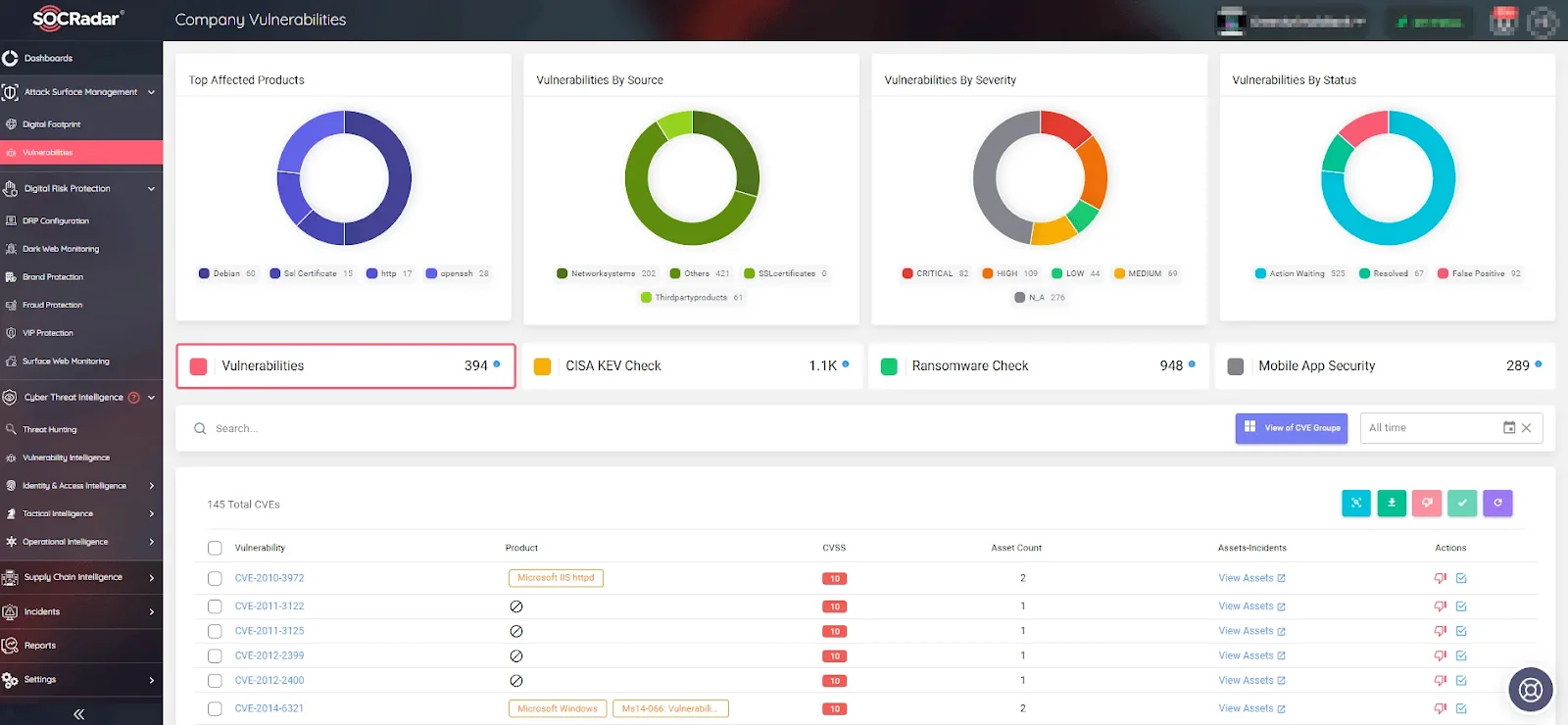 SOCRadar’s ASM module, Company Vulnerabilities page