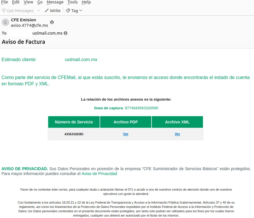Sample email impersonating CFE, Mexico’s Federal Electricity Commission