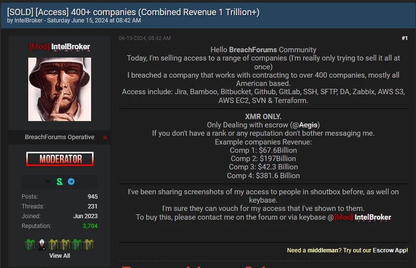 Now a moderator, IntelBroker’s access sales for over 400 companies