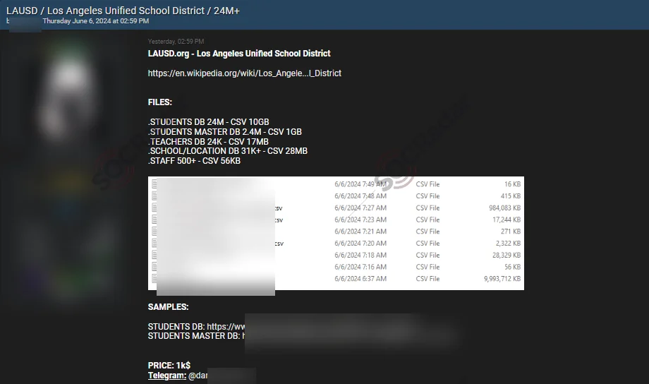 Alleged Data Breach of LAUSD from June 7