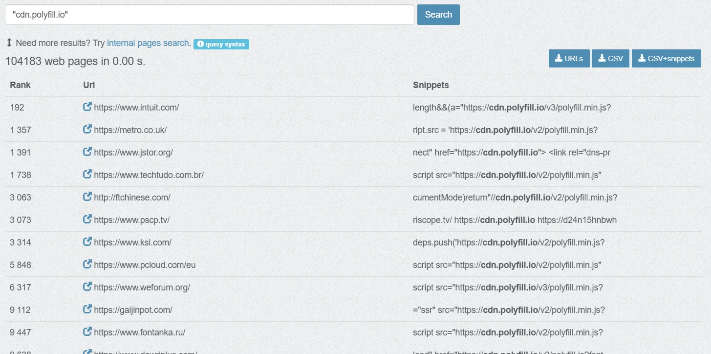 Results for websites using “cdn.polyfill.io” (PublicWWW)