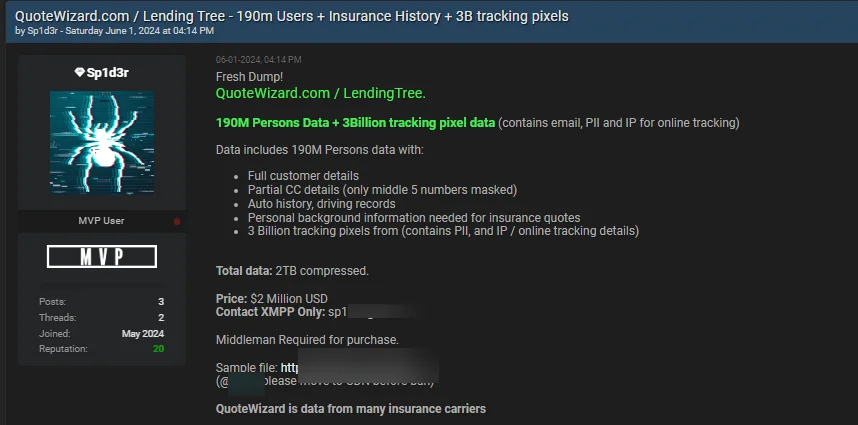 QuoteWizard & LendingTree data breach post by Sp1d3r