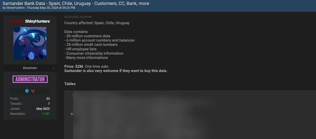 Santander Bank data breach post by ShinyHunters