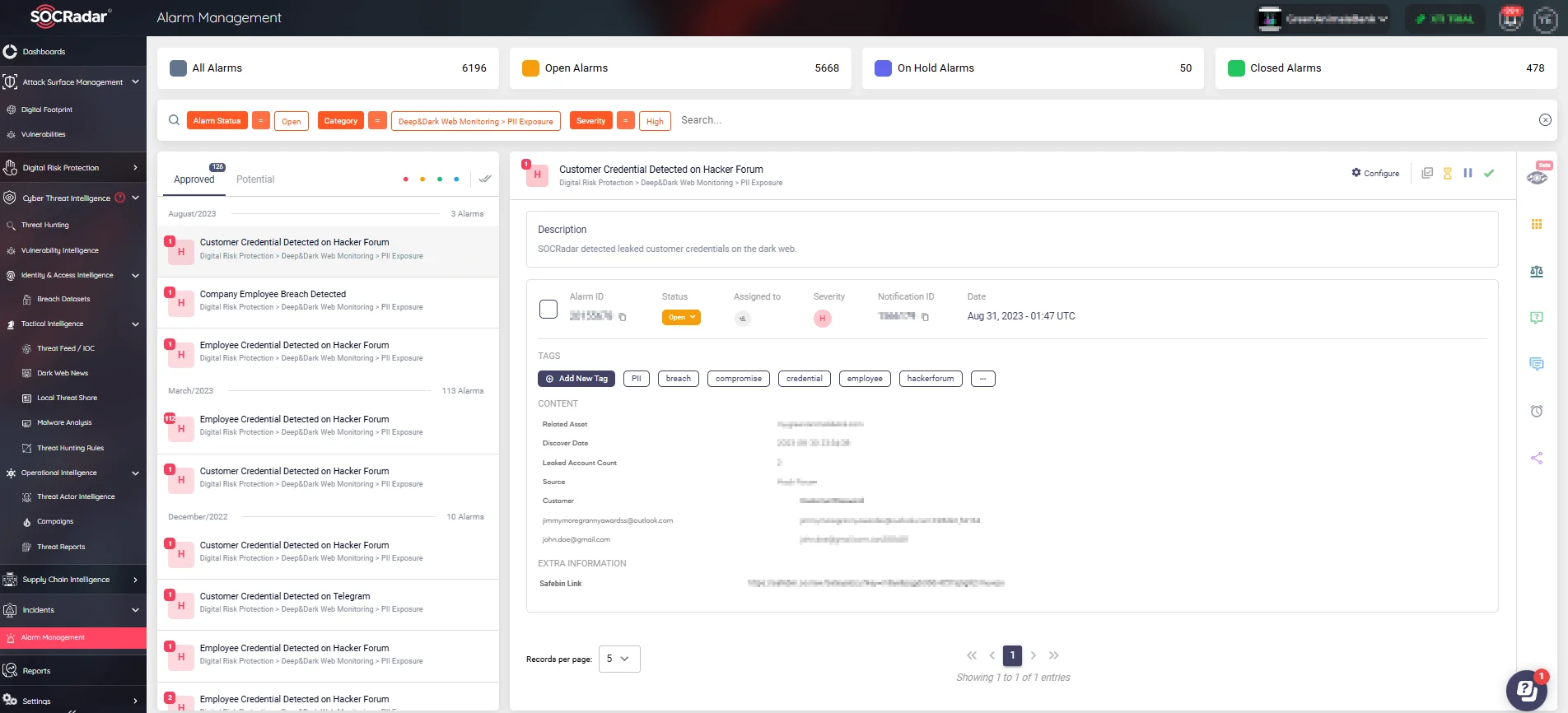 SOCRadar’s Alarm Management tab