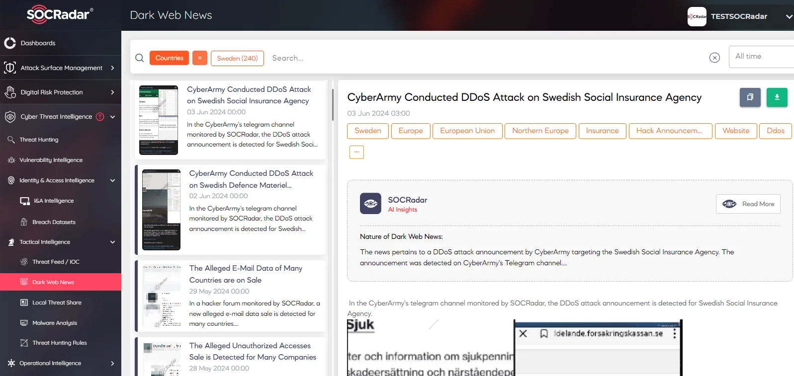 Under the SOCRadar’s CTI Module users may search for country specific news in Dark Web News