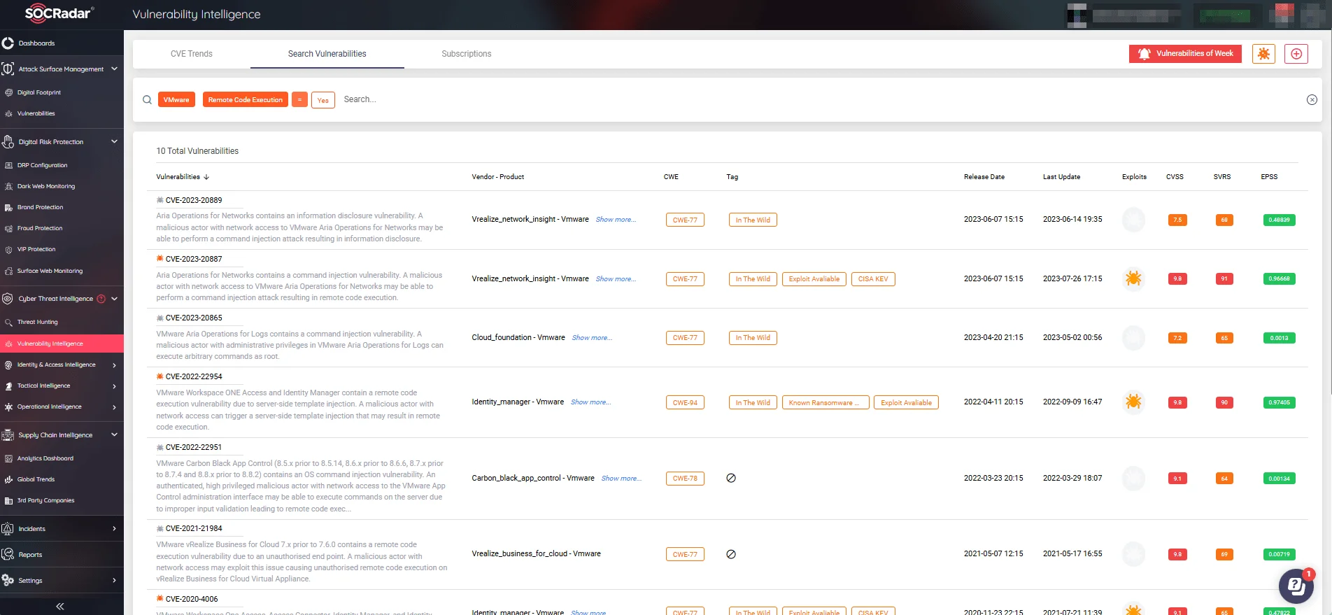 Search vulnerabilities with Vulnerability Intelligence