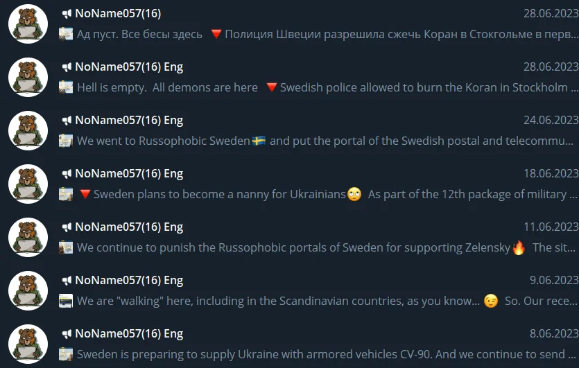 Repeated mentions of attack to Sweden by NoName057Repeated mentions of attack to Sweden by NoName057