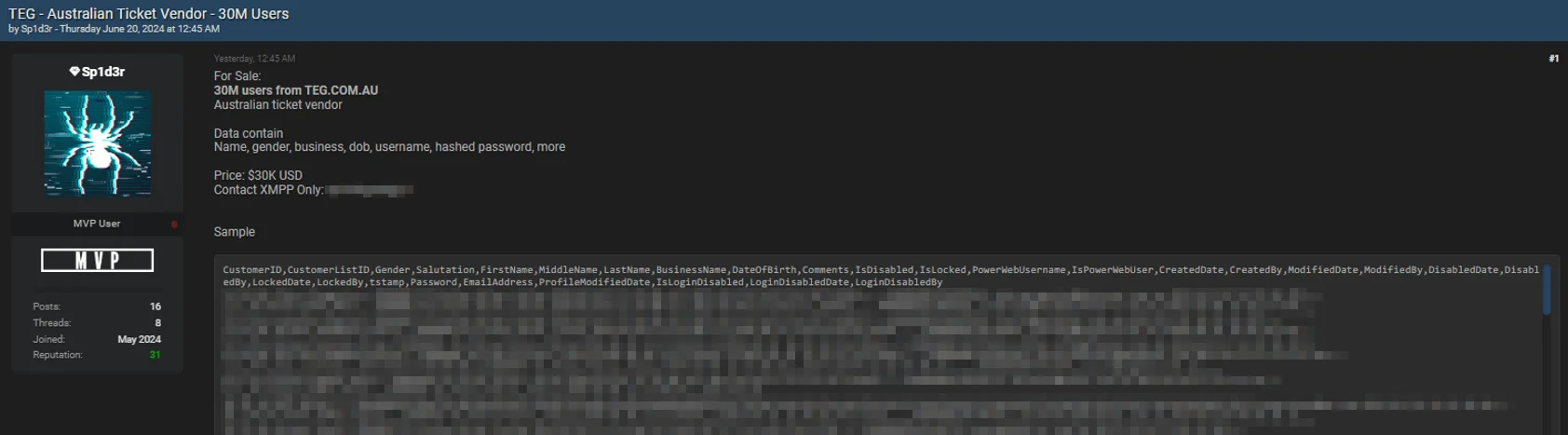 TEG.COM.AU data breach post 