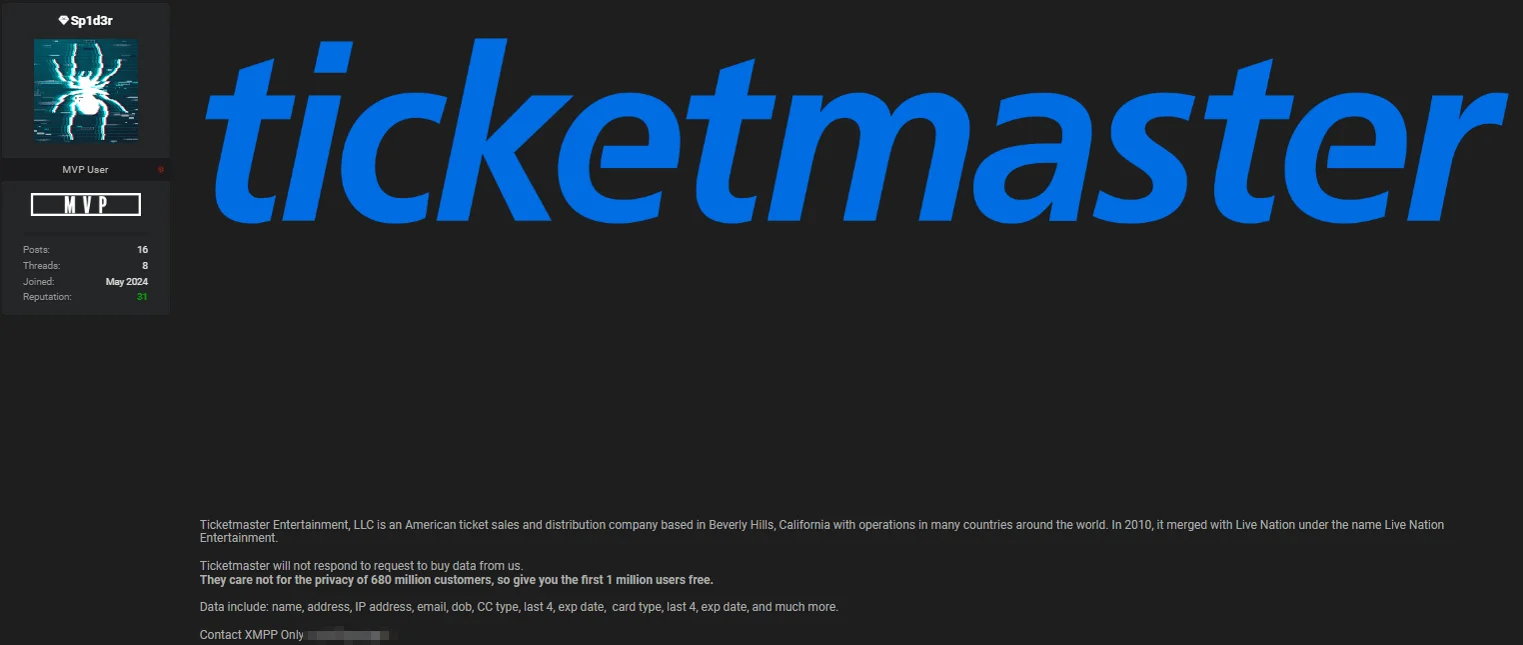 Threat actor leaked the information of 1 million Ticketmaster users , Snowflake data breach