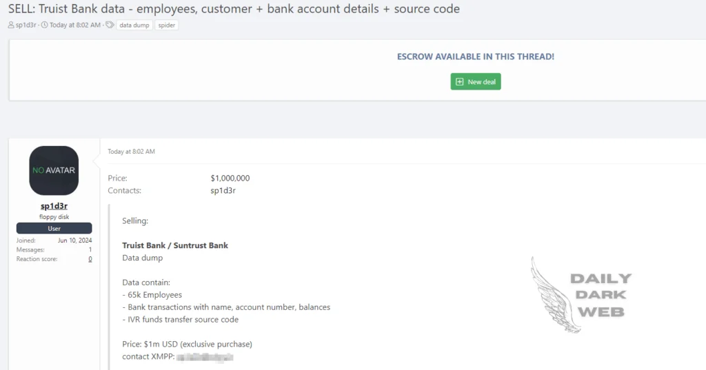 Truist Bank data breach post (Daily Dark Web)