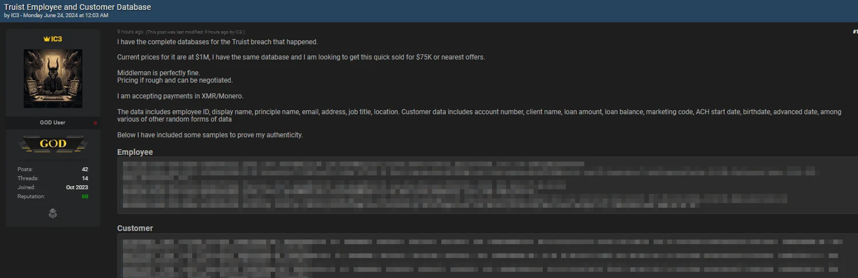 Threat actor leaks alleged databases containing Truist employee and customer information