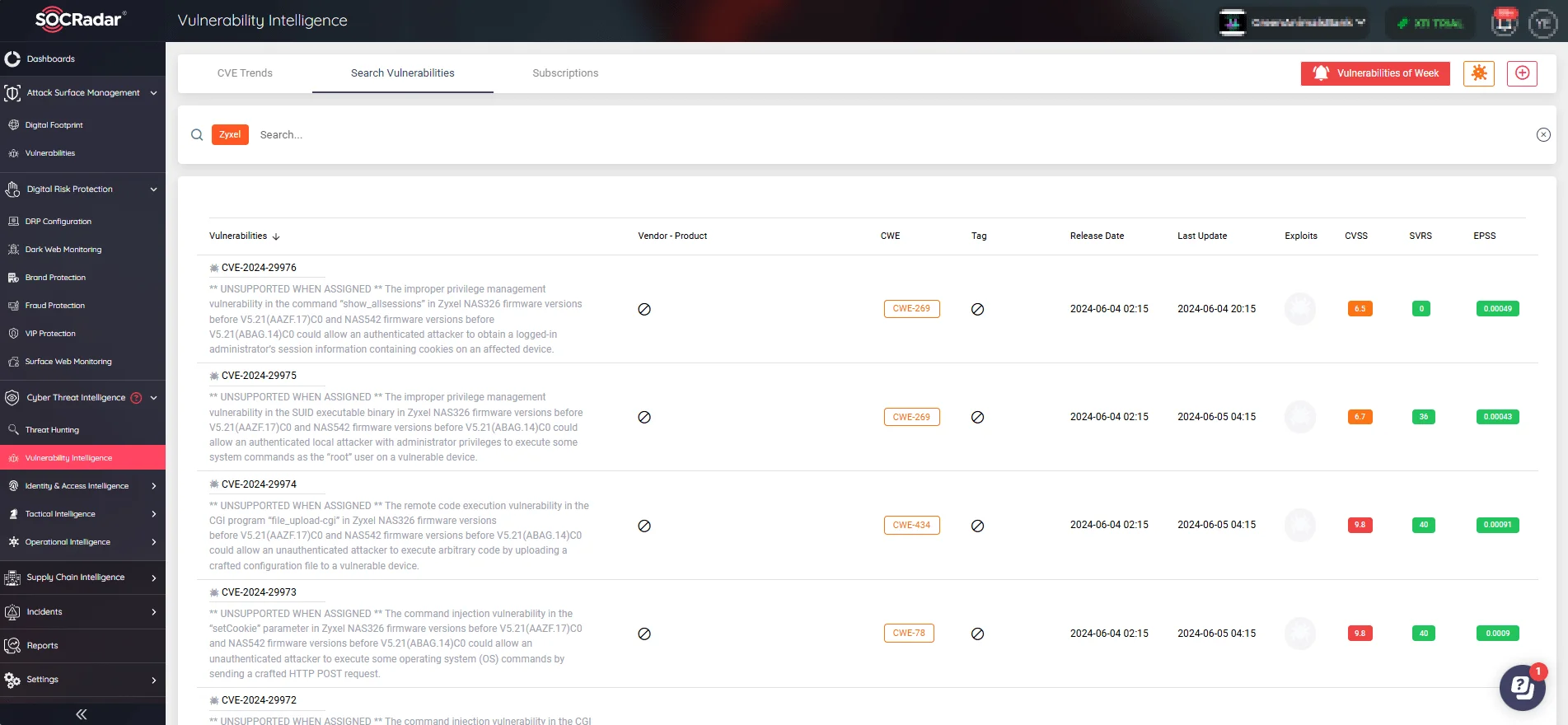 Search Vendor/Product names on SOCRadar's Vulnerability Intelligence to see related vulnerabilities, as well as their detailed information, updates, and exploit alerts.