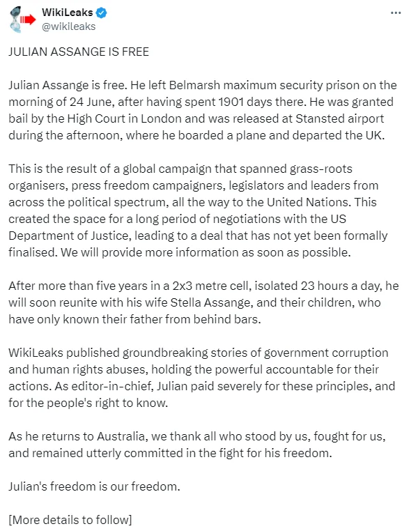 WikiLeaks post on X