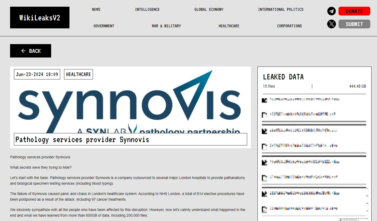 WikiLeaksV2’s recent post about alleged data breach of Synnovis