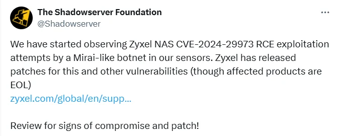 Tweet by Shadowserver (X)