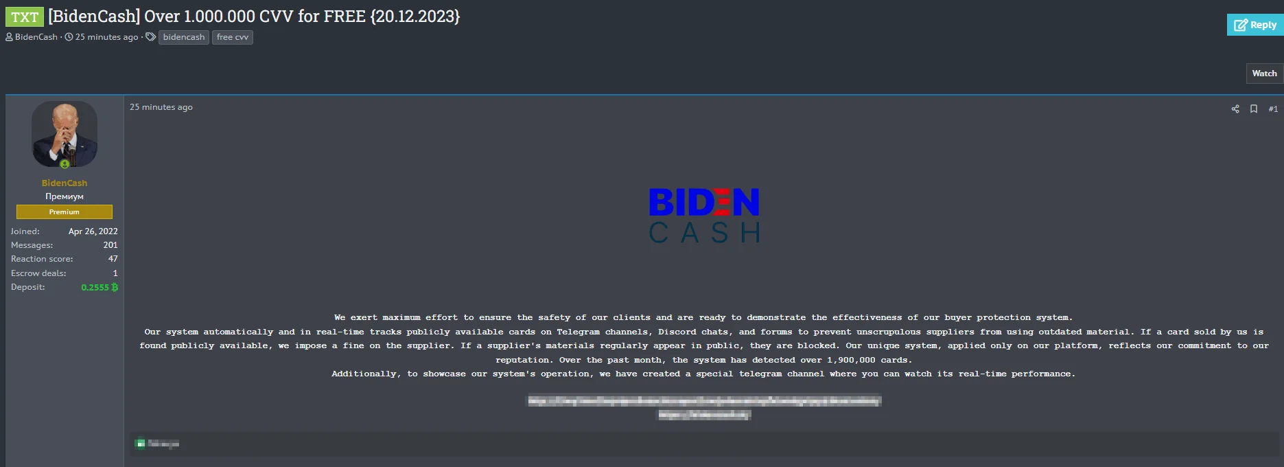 BidenCash's post on a popular Russian hacker forum