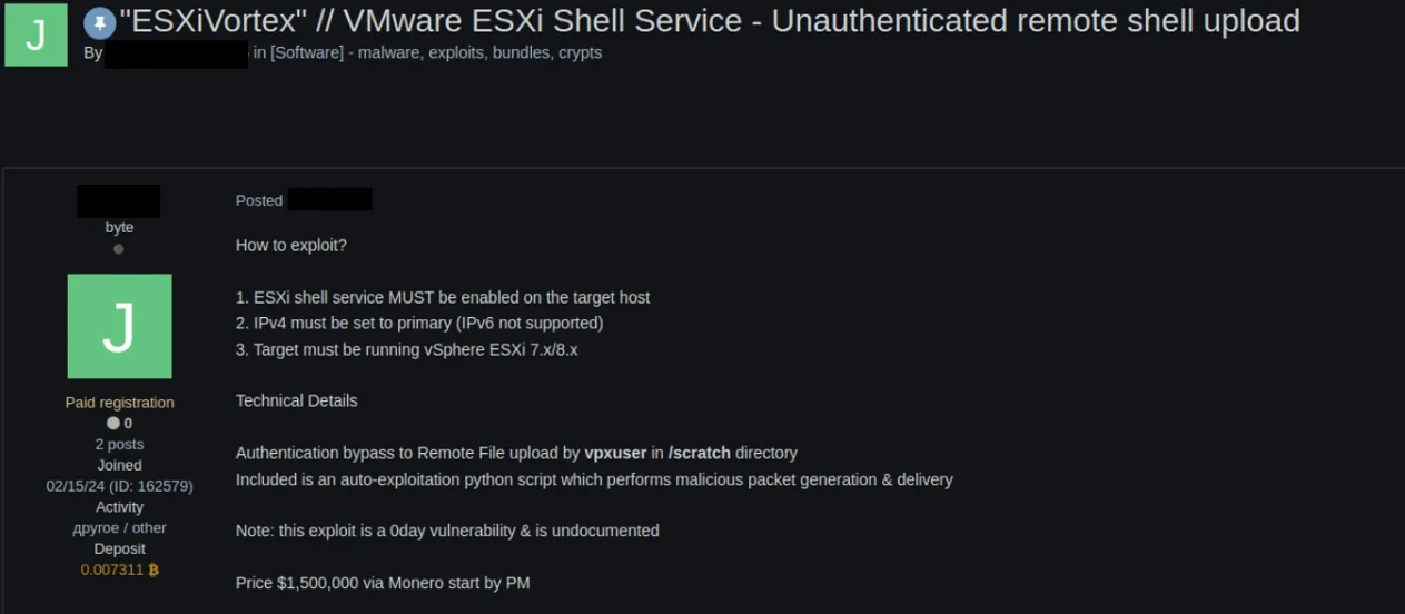 Sale post for an unauthenticated ESXi shell on a dark web forum (Microsoft)