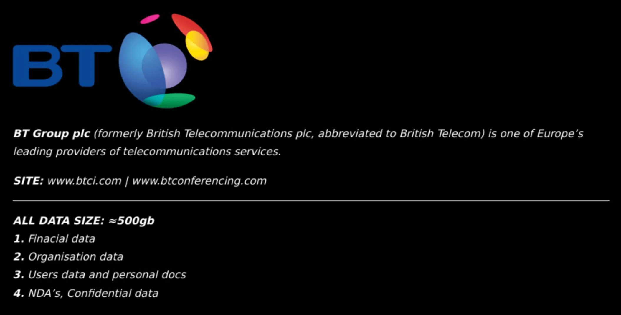 BT Group plc was listed on Black Basta data leak site