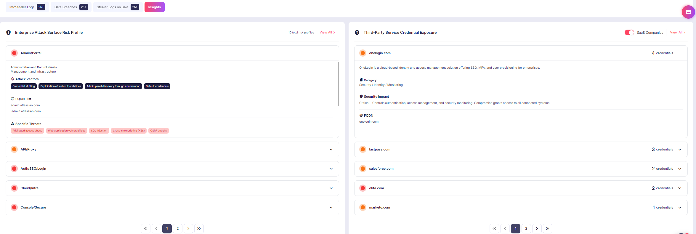 Company Insight Intelligence connects exposed identities to attack surface categories and third-party services, helping teams understand which systems may create the greatest operational risk.