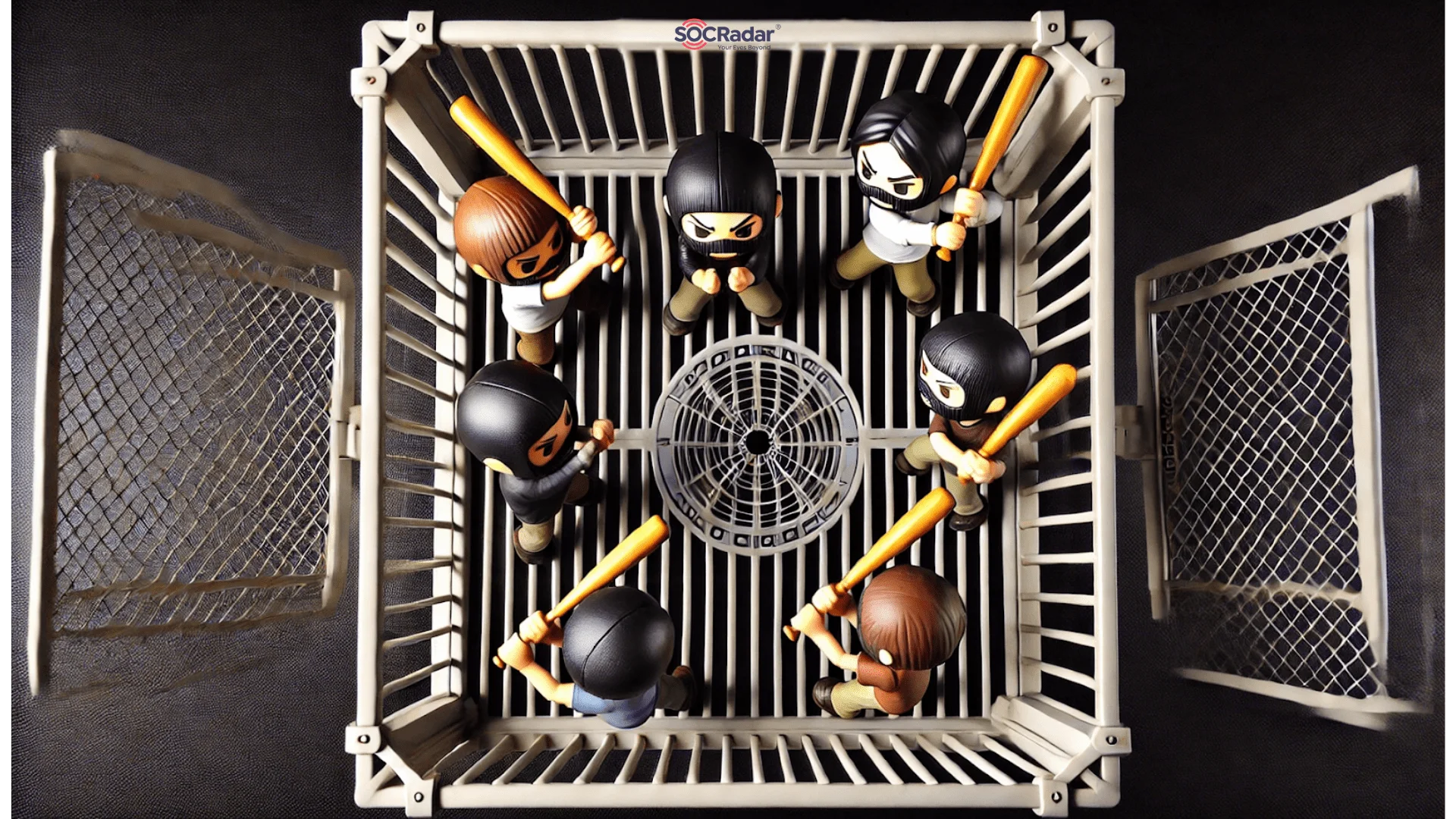 Threat actors clashing in a cage with bats, under SOCRadar's control and oversight. (Image created by DALL-E)