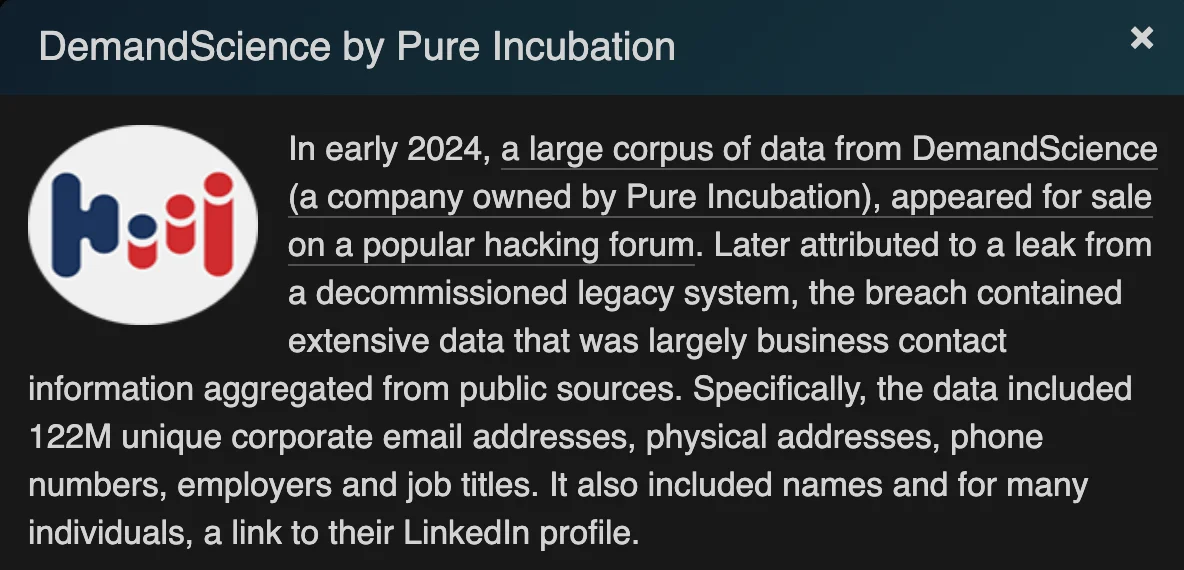 Short details of the DemandScience breach (Source: HIBP)