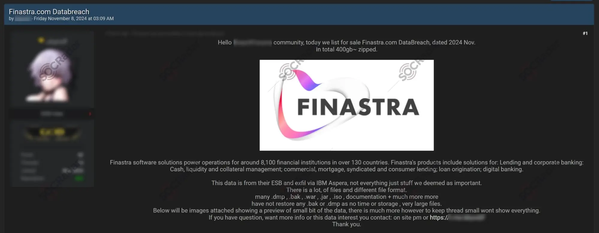 Data breach post about Finastra (Source: SOCRadar Dark Web News)