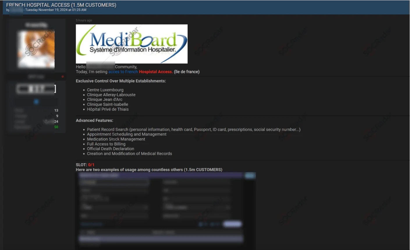 The threat actor claimed having access to multiple French hospitals through MediBoard (Source: SOCRadar Dark Web News)