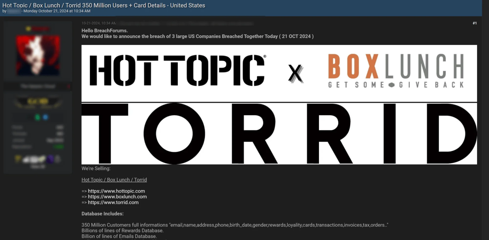 Threat actor claims to sell Hot Topic