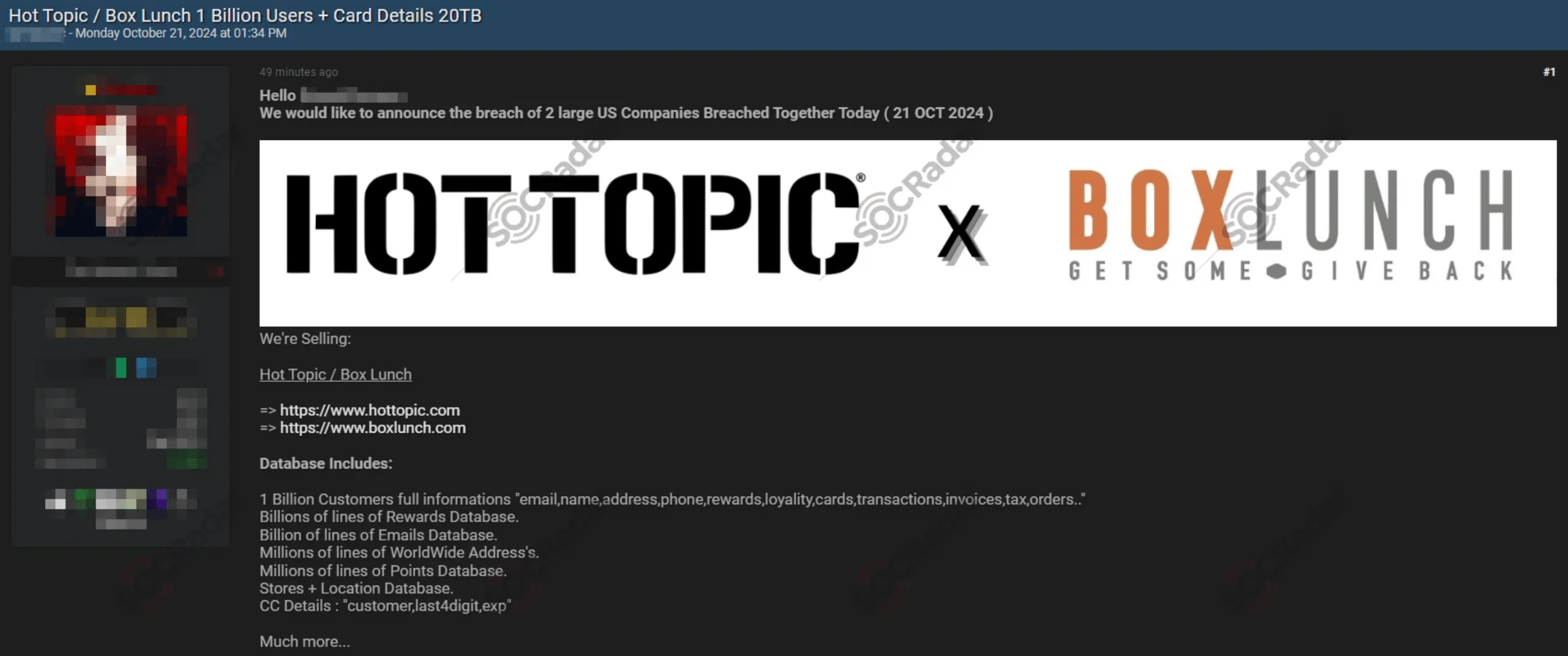 Hot Topic / Box Lunch data breach post (Source: SOCRadar Dark Web News)