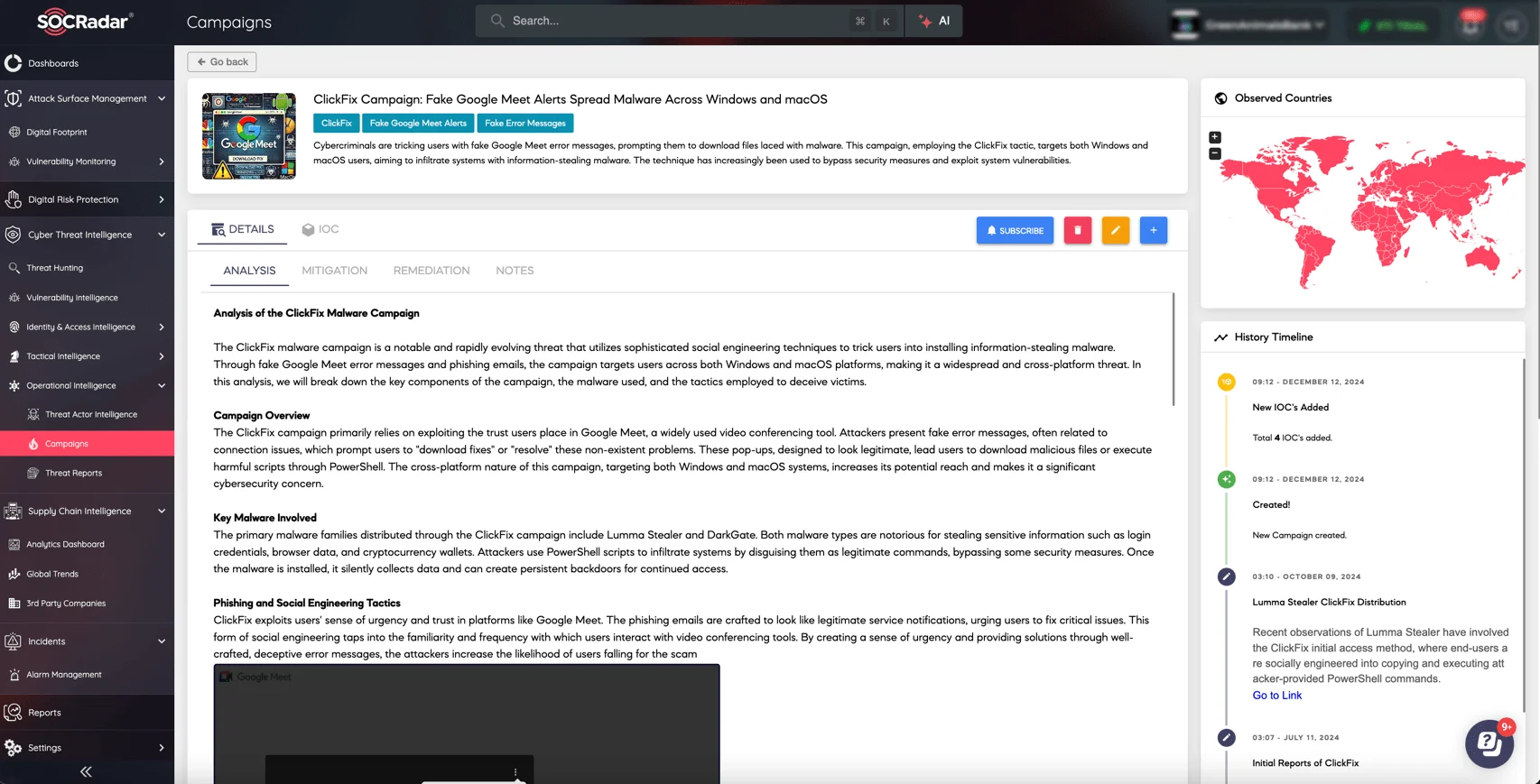 The campaign page for ClickFix on SOCRadar XTI platform