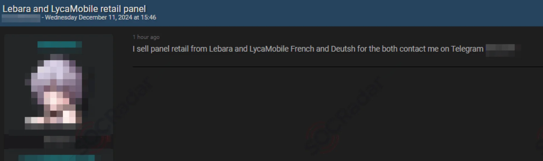 Retail panel sale post for Lebara and LycaMobile (SOCRadar Dark Web News)