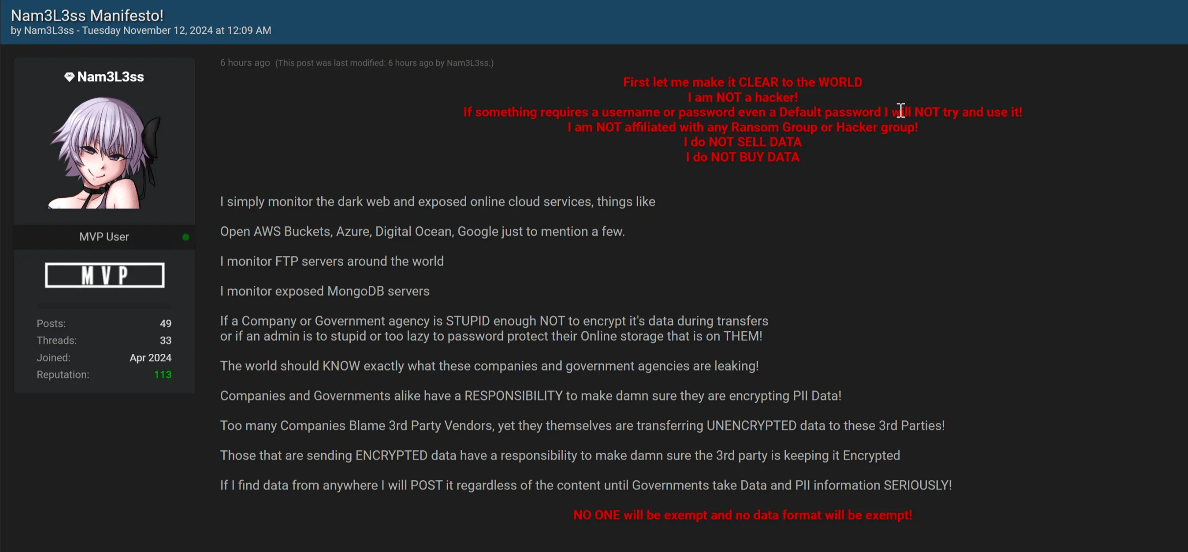 A manifesto posted by the threat actor behind the recent MOVEit leaks