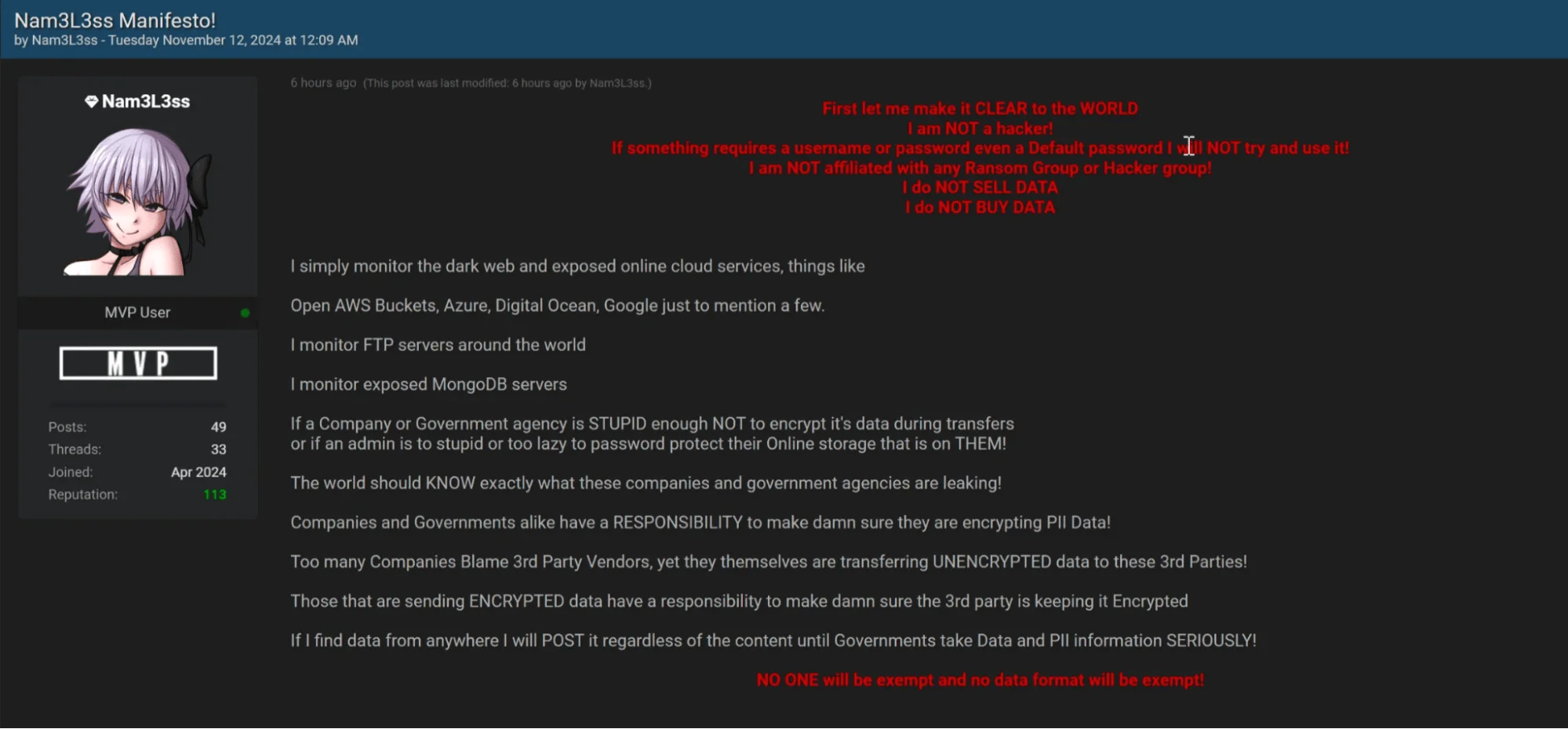 A manifesto posted by the threat actor alongside the MOVEit data leak posts